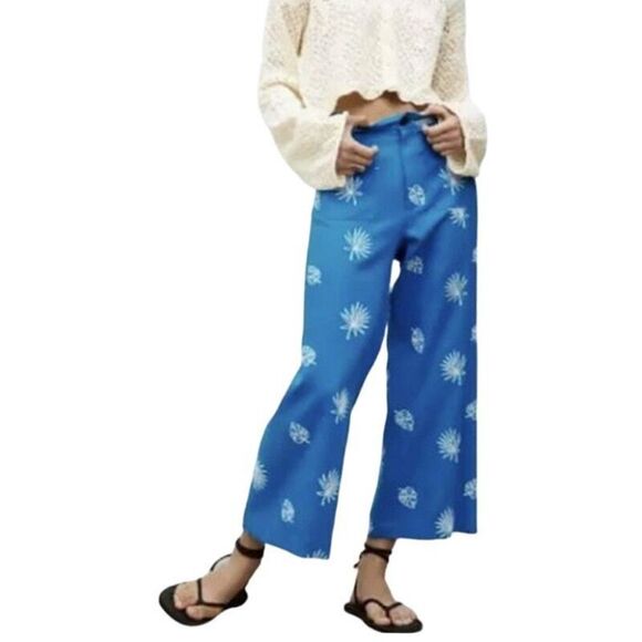 NWT Zara Women's Linen Blend Embroidered Wide Leg Pants Culottes with Pockets - Picture 5 of 13